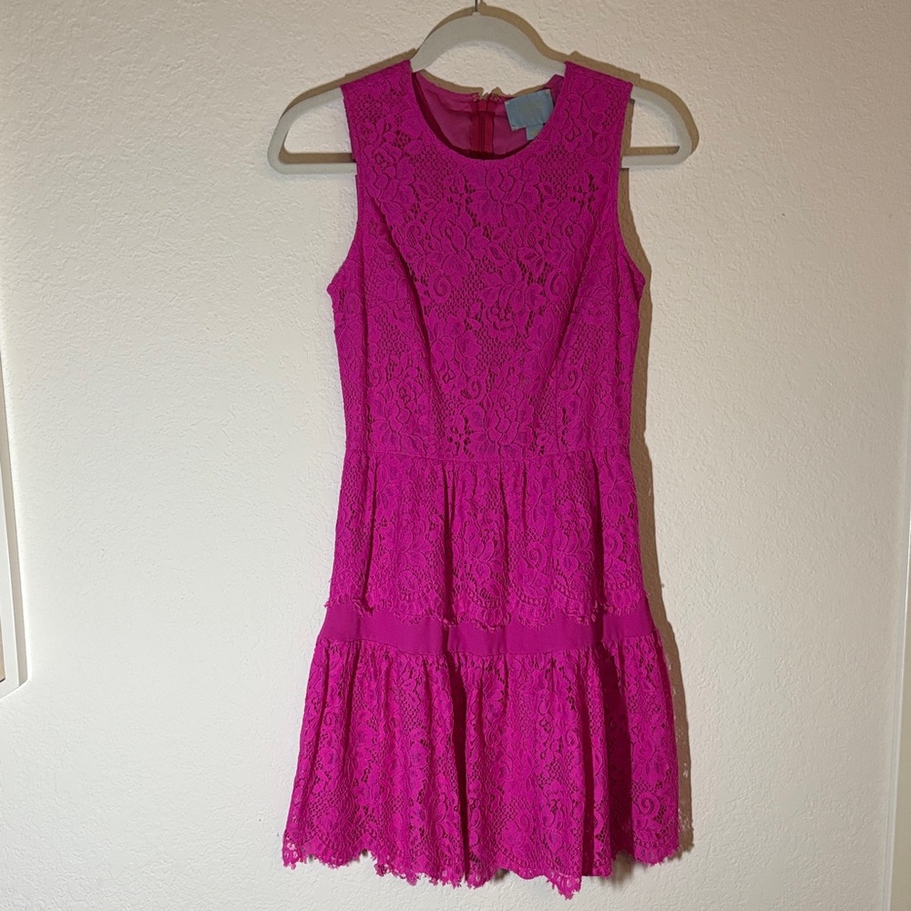 CeCe Hot Pink Lace Overlay Sleeveless Tiered Dress